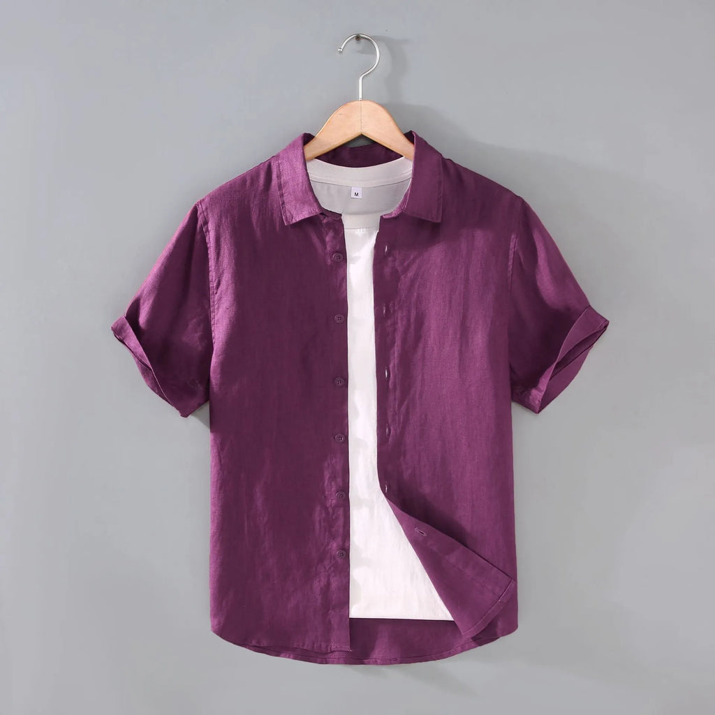 Men's linen short-sleeved cardigan shirt in regular fit showing colour options and thin fabric texture