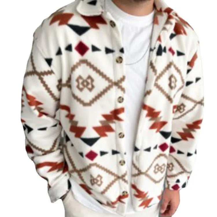 Men's white shirt jacket with retro ethnic print, lapel collar, and long sleeves on a model
