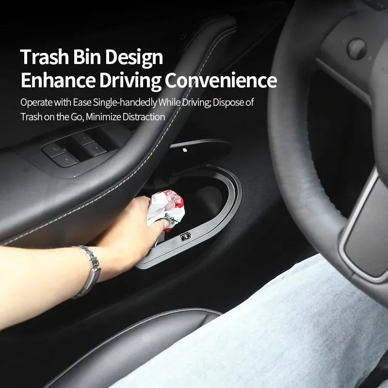 Two black ABS plastic car door storage bins designed for Tesla Model Y front door pockets.