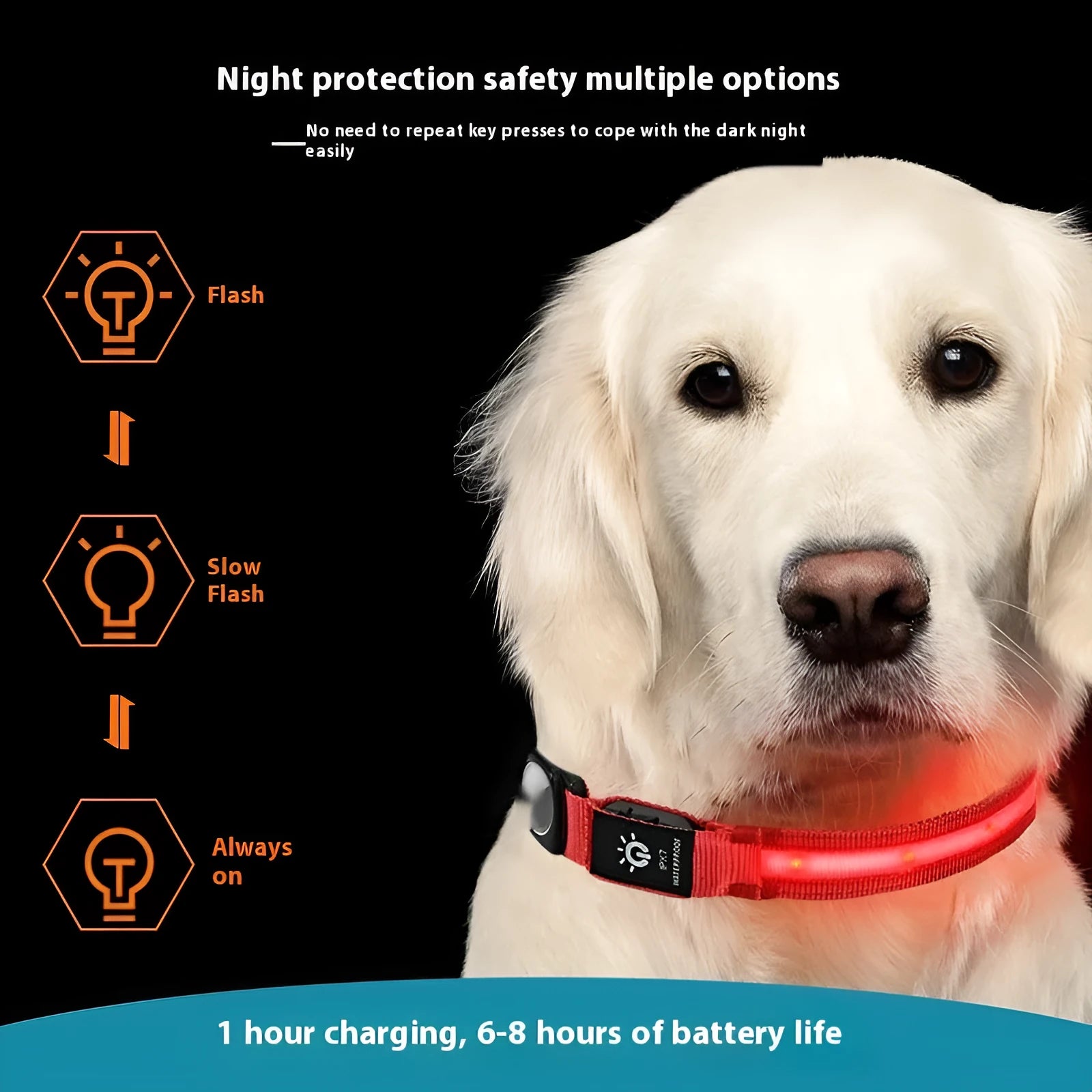 Waterproof LED pet luminous collar with nylon battery box for dogs and cats, available in multiple colours and sizes S M L