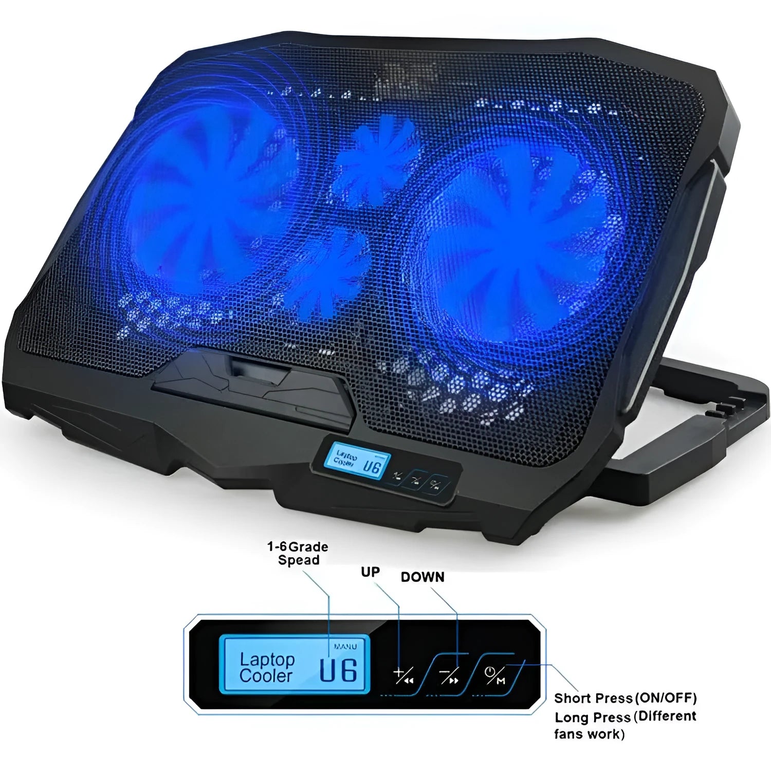 Black universal laptop cooling stand with heat sink plate, copper heat pipes and dual USB fans