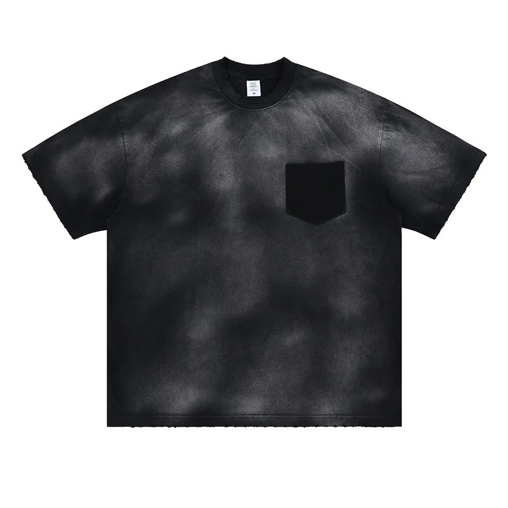Men's black cotton t-shirt with printed letter patterns and drop-shoulder sleeves in loose street fashion style