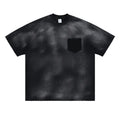Men's black cotton t-shirt with printed letter patterns and drop-shoulder sleeves in loose street fashion style