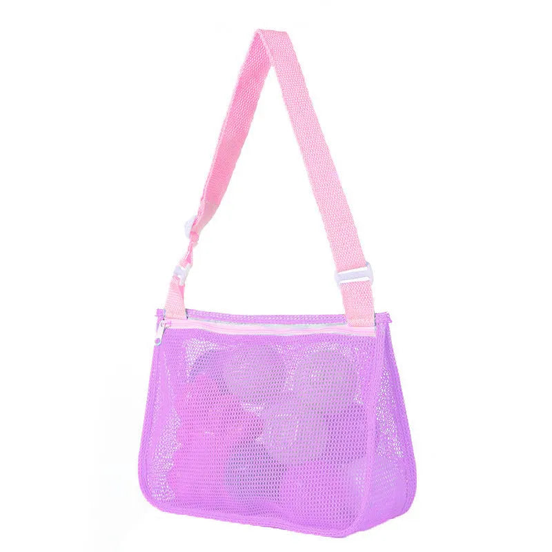 Blue nylon mesh travel storage organiser bag for children's toys and clothing, sealed, measuring 20x25x8cm.