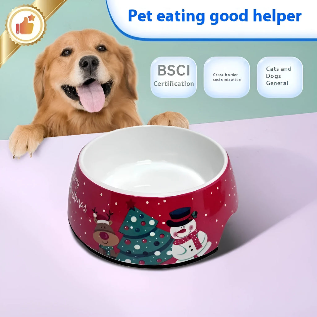 Red Christmas pet bowl with double layer insulated design showing stainless steel inner bowl
