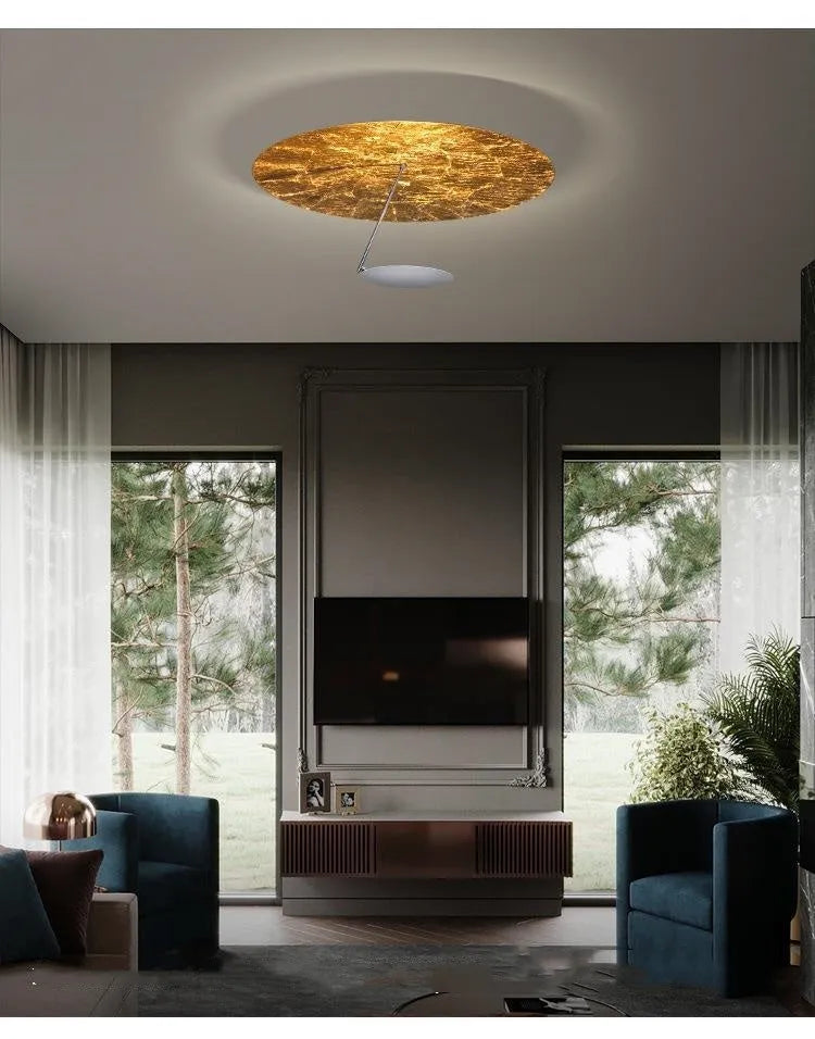 50cm diameter iron ceiling lamp with warm LED light in white or white gold finish.