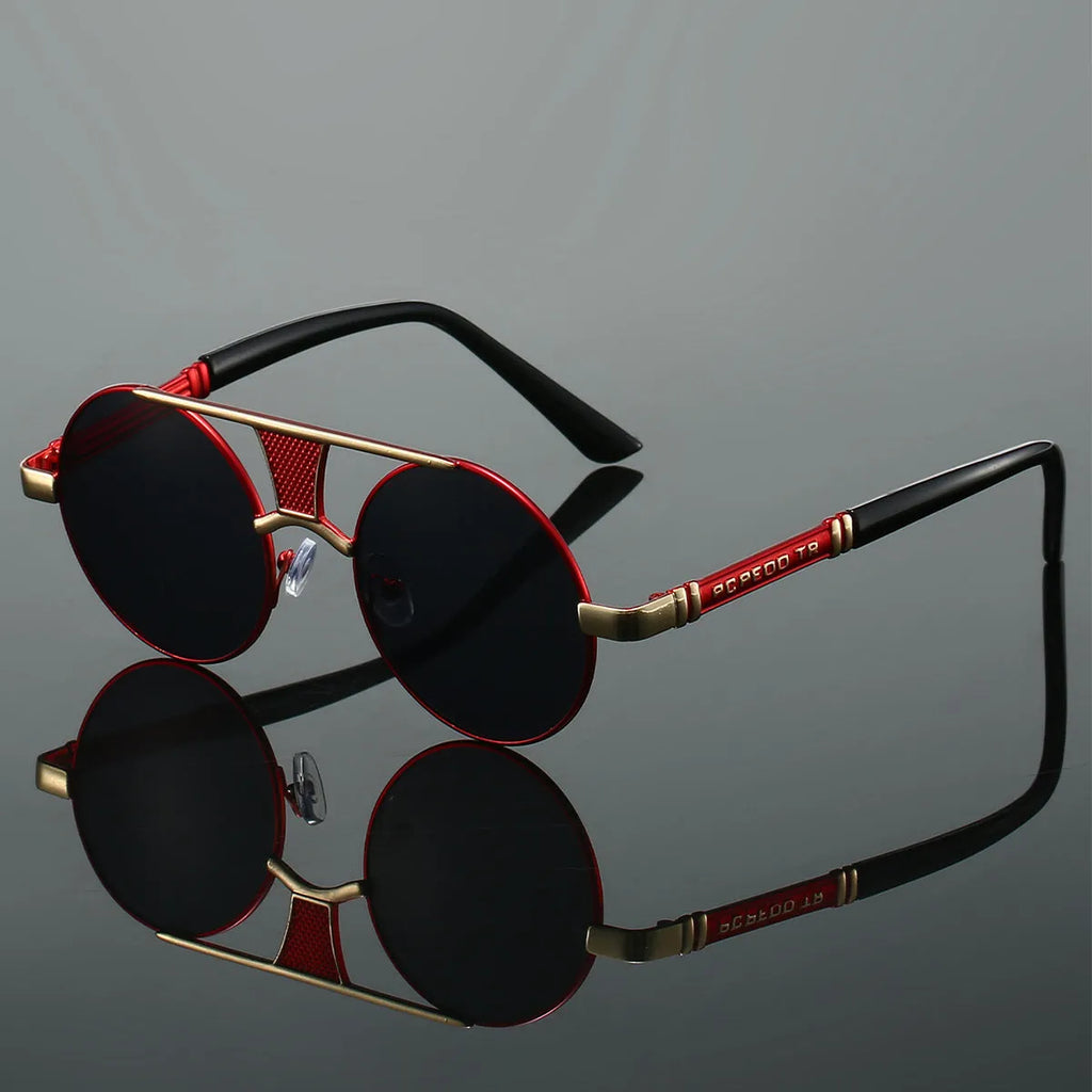 Men's double beam round frame HD sunglasses black frame black lens classic style