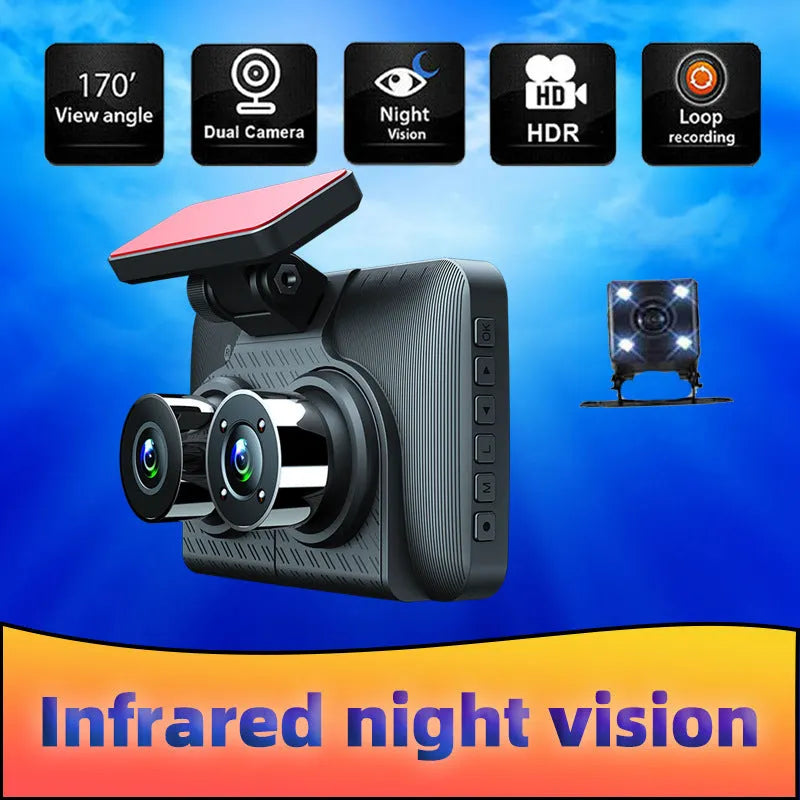 Black 4-inch touchscreen car dash camera mounted on a car windscreen.