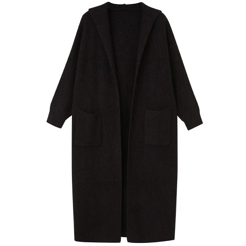 Long grey knitted hooded cardigan coat with a trench coat style, shown open.