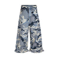 Snow camouflage blue loose fit denim jeans on a neutral background, showing mid-waist and relaxed leg cut.