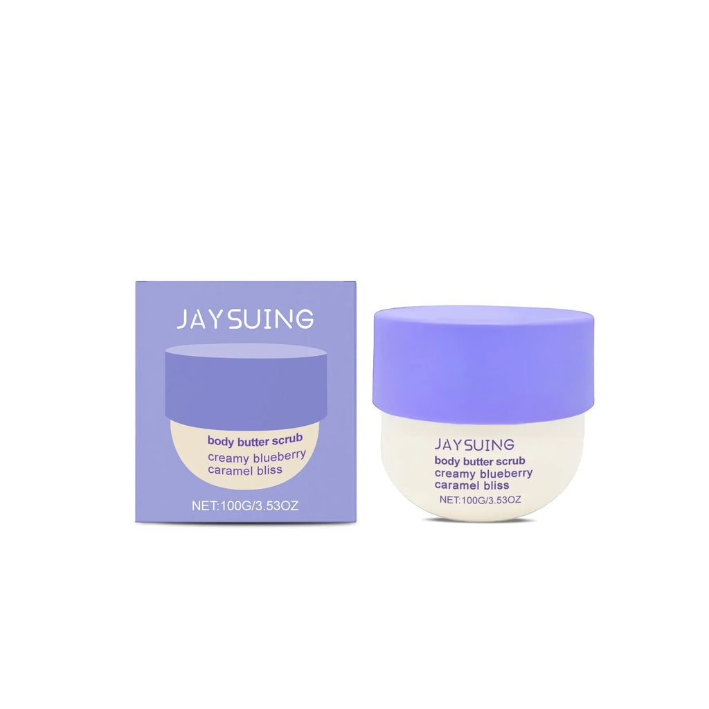 Blueberry Caramel Body Scrub Cream jar showing 100g mild exfoliating treatment