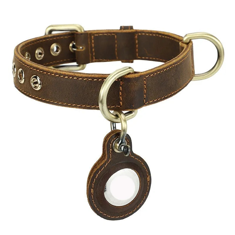 Brown handmade double-sided cowhide dog collar with tracking halter positioning