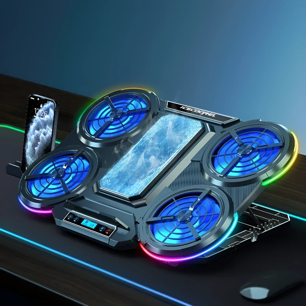 Black laptop cooler with 4-core fan, semiconductor cooling, RGB lighting, 410 x 296 x 40 mm, 1 m cable