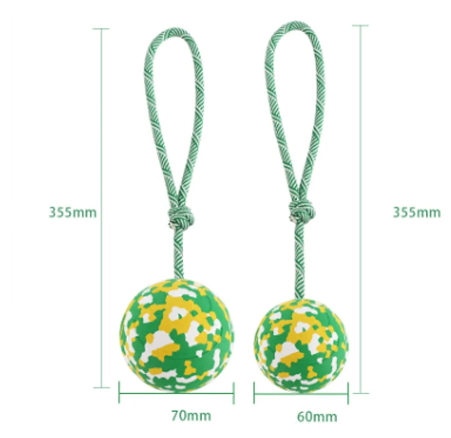 Natural rubber dog ball on nylon rope toy for medium and small dogs with 2.4 inch ball diameter