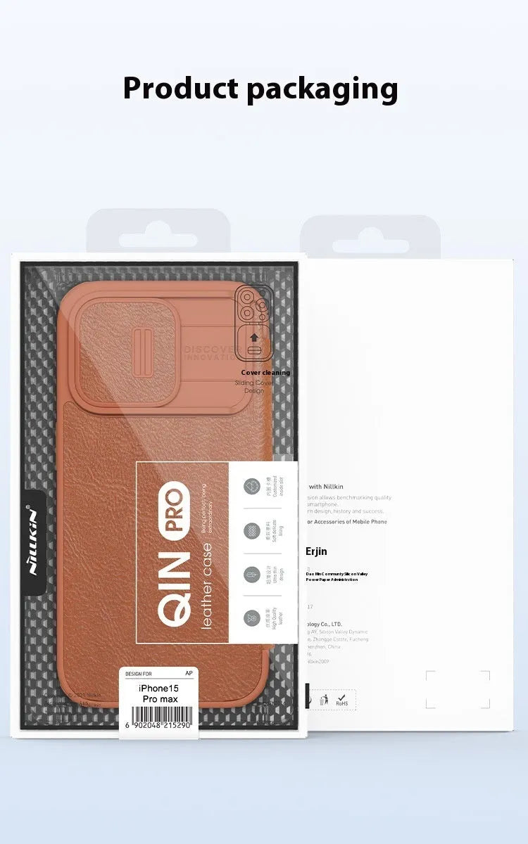 Imitation leather flip phone case for iPhone 14 Pro Max and iPhone 15 models in black, brown or red