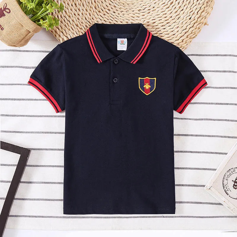 Boys short sleeve cotton t-shirt in Korean style with lapel collar, available in four solid colours