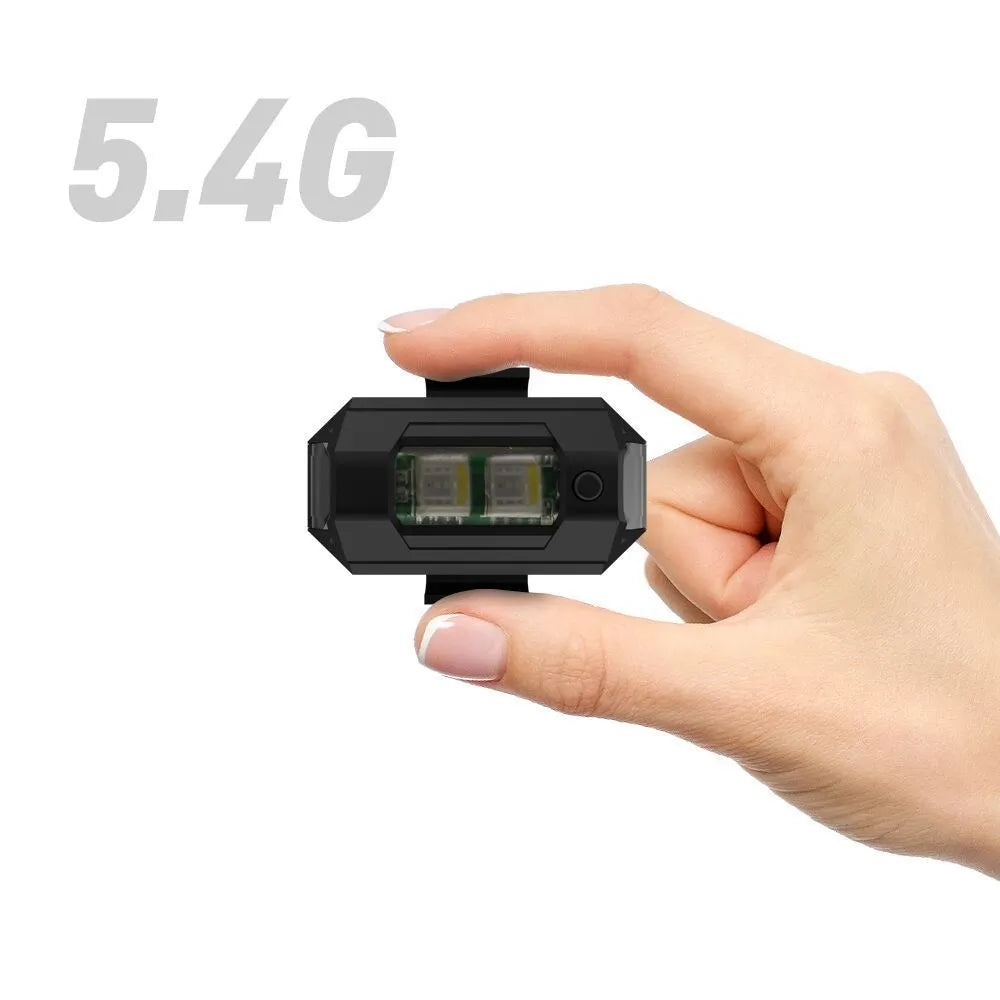 Drone strobe signal light showing 7 colour LED modes with mounting tapes and Type-C cable