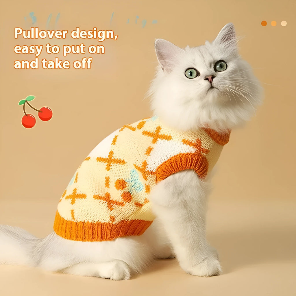 Orange cherry pattern cat sweater for windproof warmth in autumn and winter, sizes S to XL