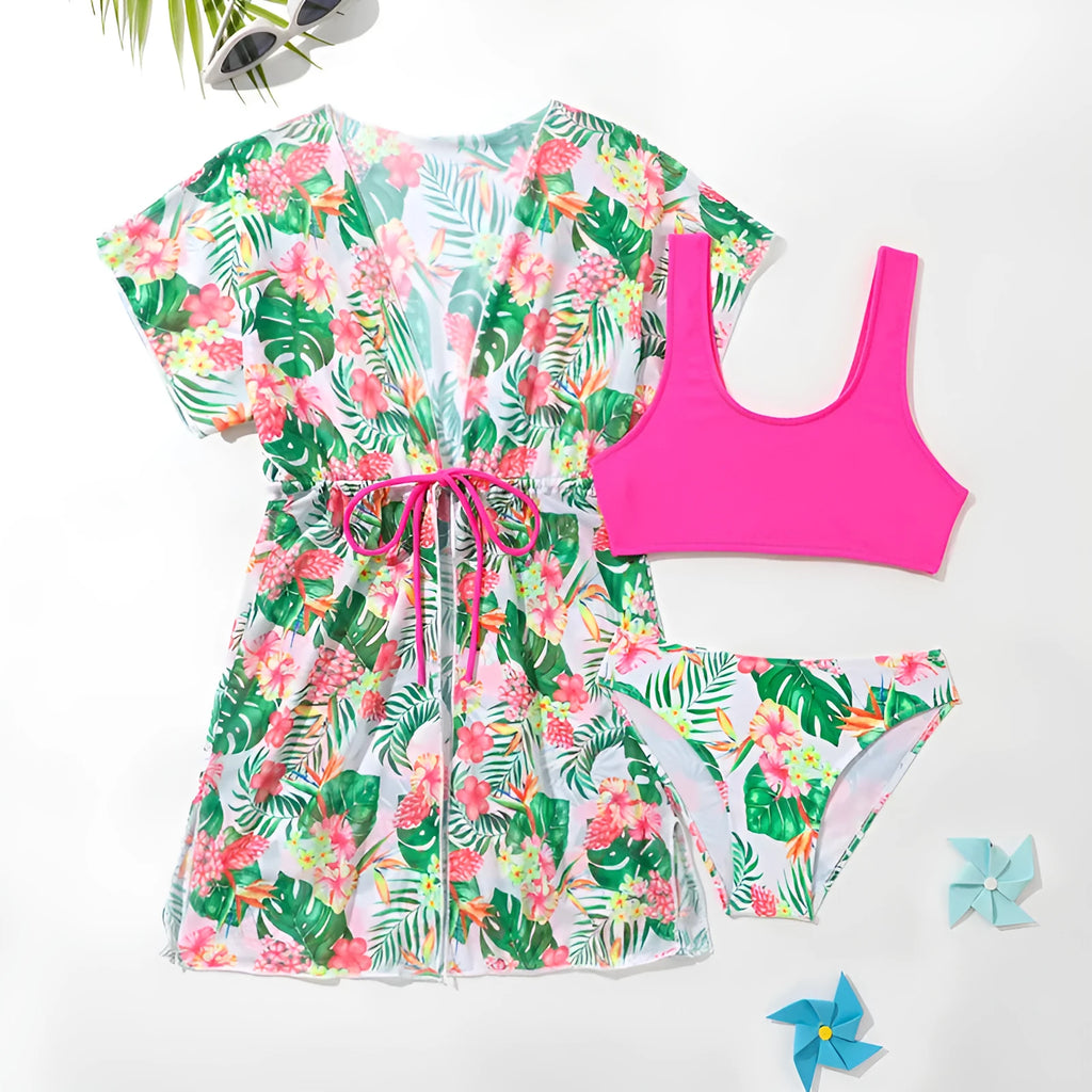 Girls' floral pattern two-piece polyester swimsuit for swimming ages 3-12 years