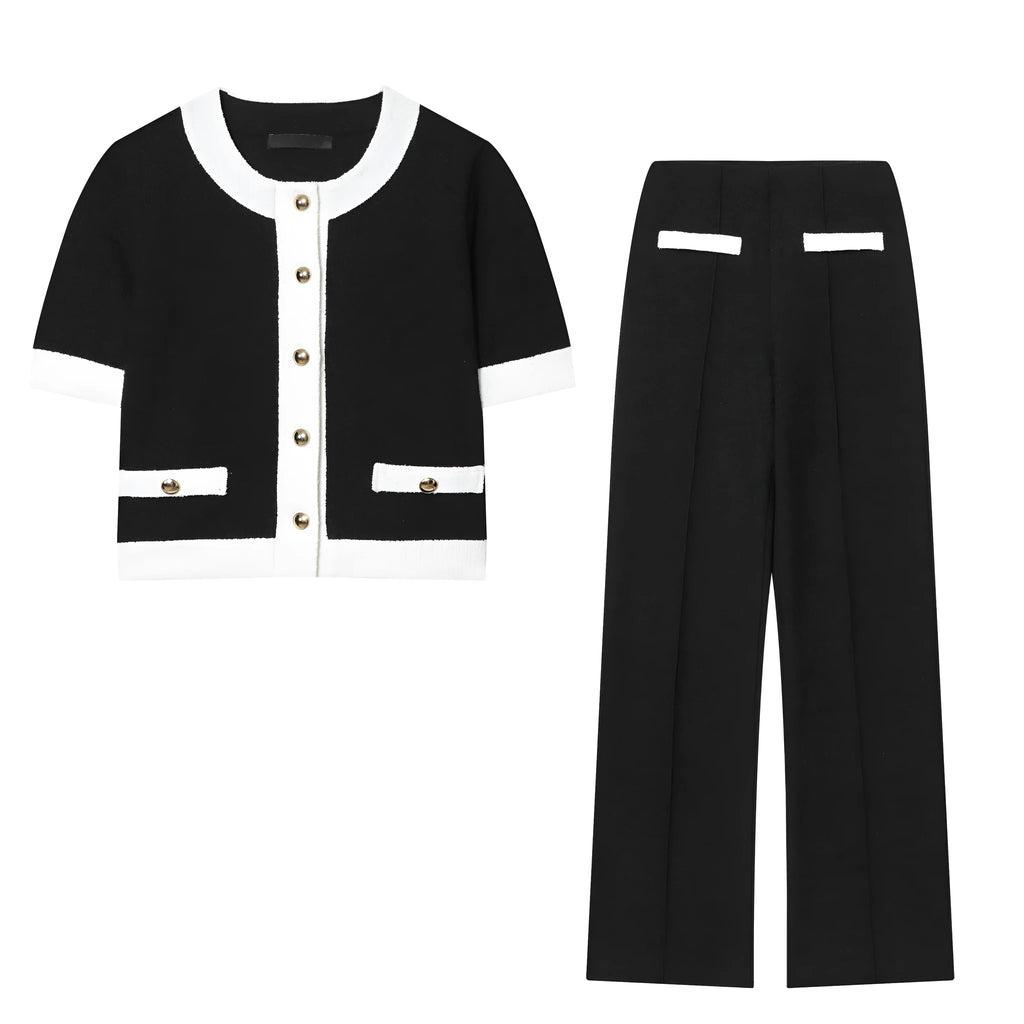 Women's beaded leather top and high-waisted stretch trouser suit in street fashion style