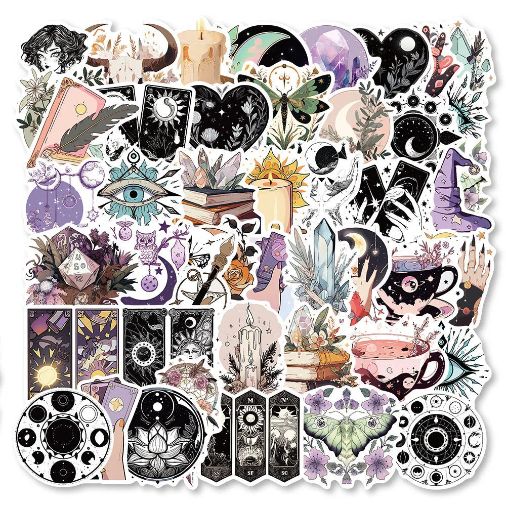 Bohemian wizard graffiti stickers 50-pack on PVC matte film showing three retro designs 5-7cm each