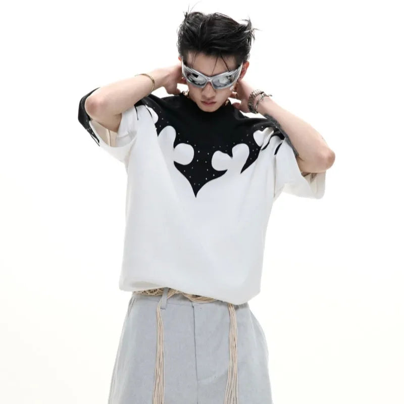 Men's grey cotton short sleeve shirt with 3D stitching and rhinestone flower embroidery detail