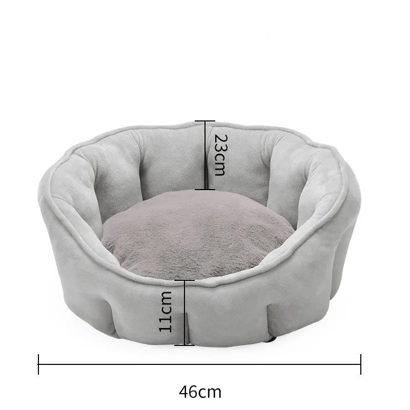 Grey cat kennel house with hammock attachment and plush interior, measuring 46cm square