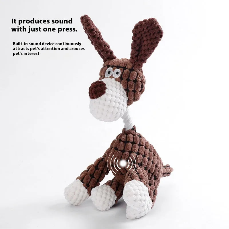 Soft plush dog toy shown as a pink grey donkey and a yellow rechargeable duck, for puppy teething and play.