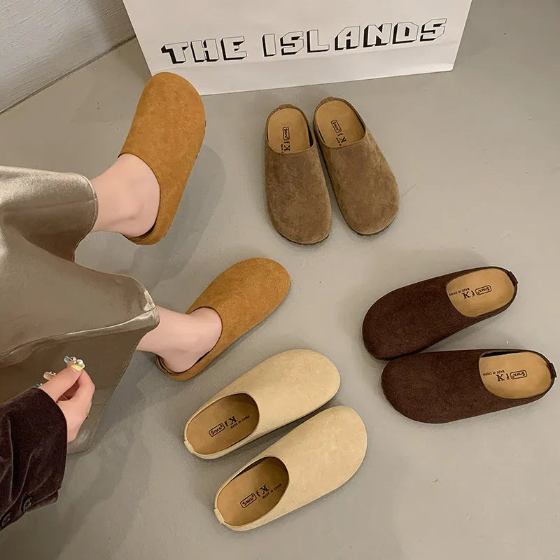 Korean style ugly soft flat outdoor slip-on boken slippers in apricot colour with square toe and PU sole.