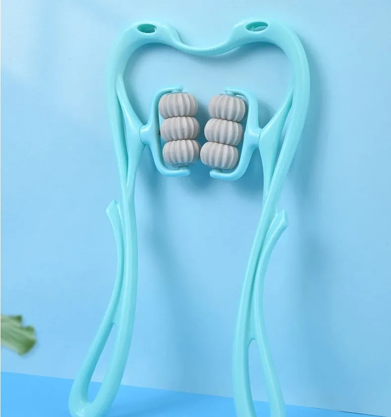 Swan-shaped six-wheel manual neck massager in blue with natural crystal jade scraping board