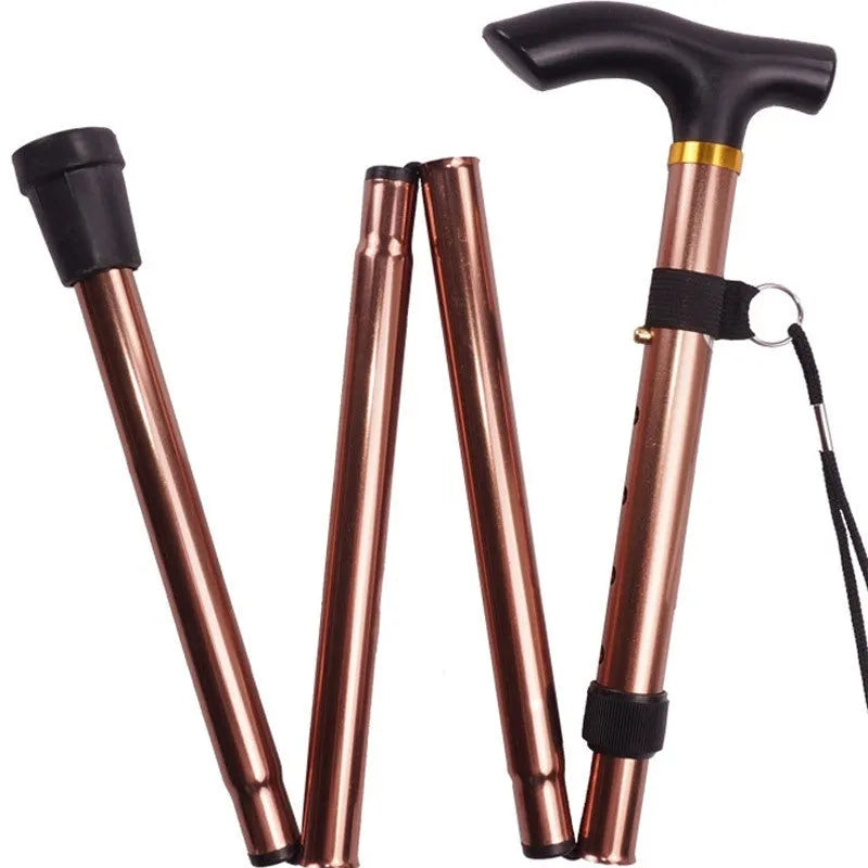 Adjustable aluminium folding walking cane in black with non-slip handle, shown extended and folded.