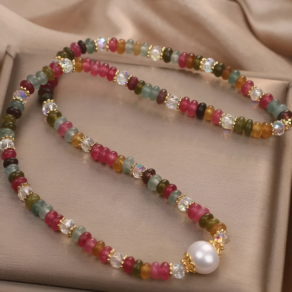 Natural stone tourmaline beaded crystal bracelet for women ethnic style adjustable jewellery