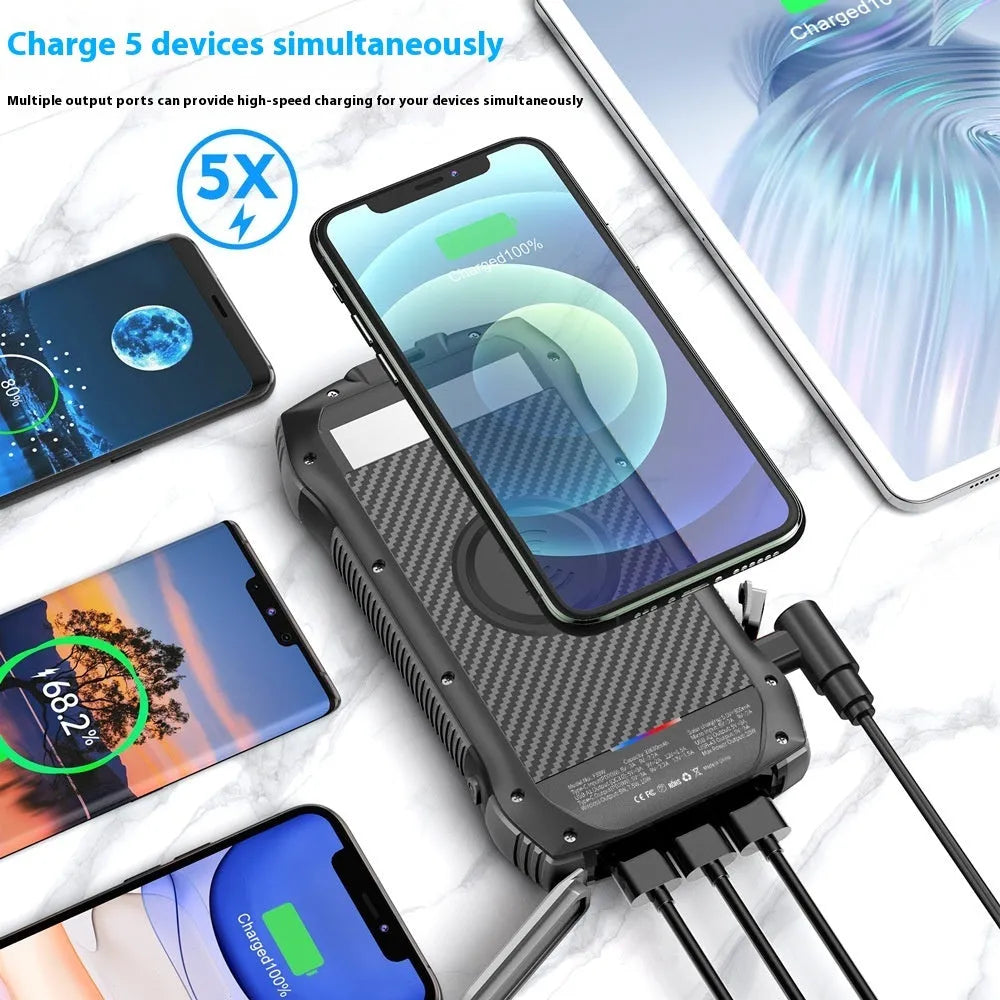 33500mAh portable solar power bank in black with plastic shell and LED light