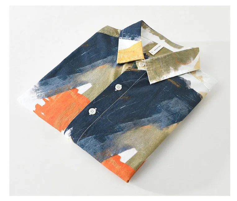 Casual loose top in artistic printed colour, cardigan style with long sleeves, cotton fabric.