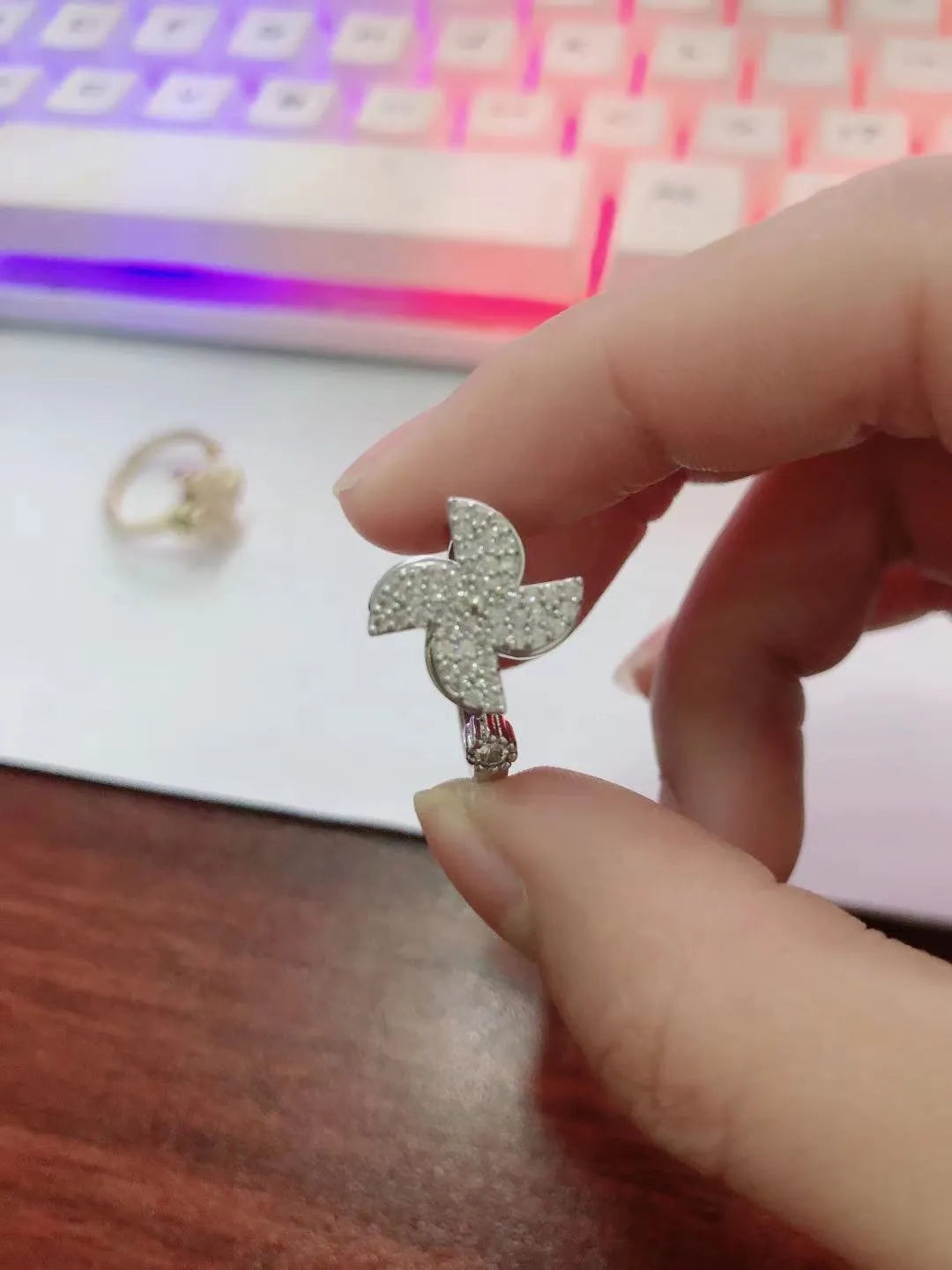 Rotating micro inlaid windmill ring in gold or silver electroplated finish
