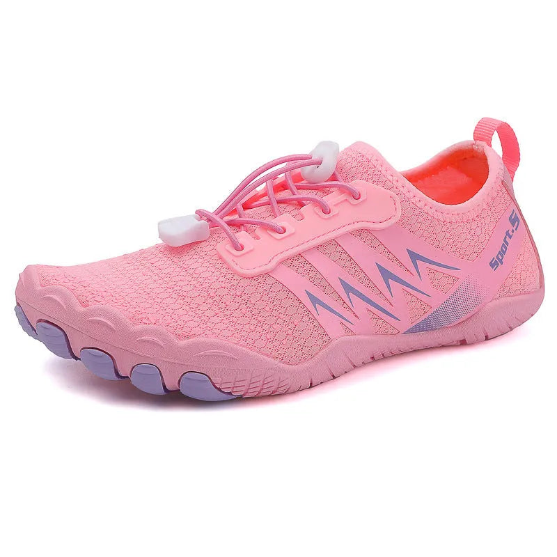 Low-top river tracing shoes with mesh upper and natural rubber outsole in apricot colour
