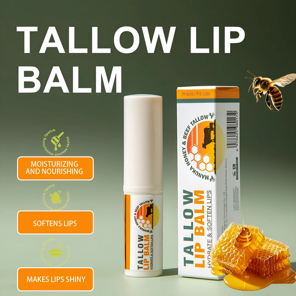 Tallow lip balm stick in a silver metal tin, showing 83mm length and 19mm square shape.