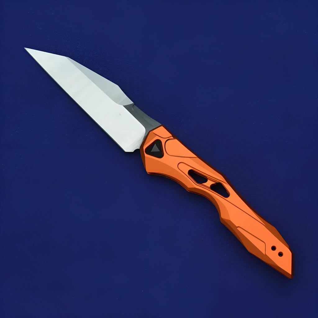 Black folding fruit knife with D2 steel blade and aluminium handle fully extended to 19cm