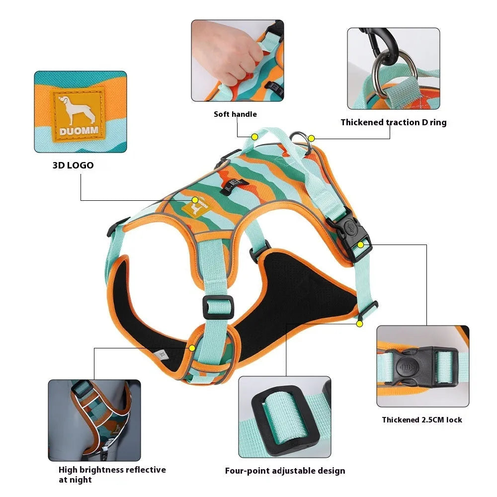Adjustable dog leash with reflective strips on the chest and back harness, made from orange Oxford cloth.
