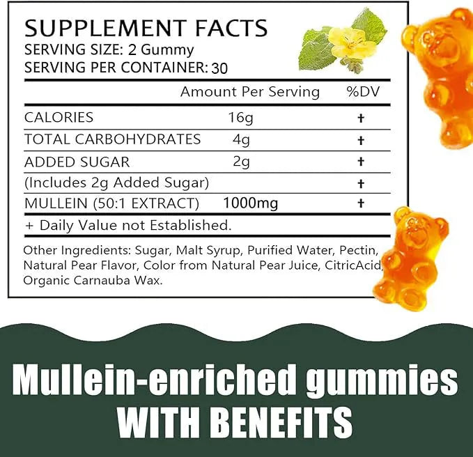 Bottle of 60 mullein gummies with pear flavour, vegan pectin base, 1,000 mg mullein extract per serving