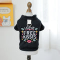 Casual knitted dog jumper in kiss sweater pattern on a model, showing sizing from XS to XL for small to large dogs.