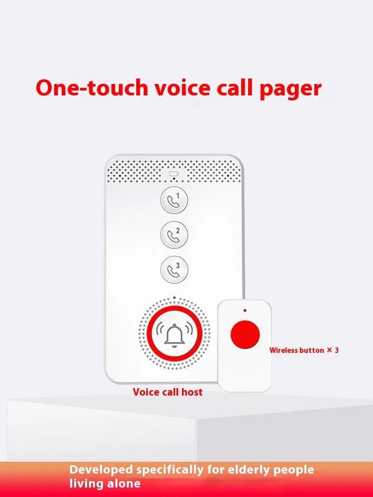 White emergency alert system with central buzzer and three wireless call buttons for elderly safety