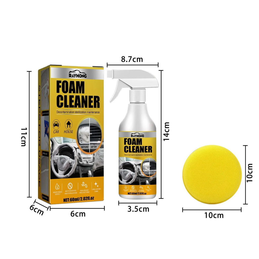 60ml car interior wash-free foamed cleaner spray bottle with a 10cm by 10cm white sponge applicator