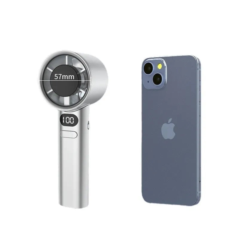 A handheld fan with variable speed control, shown in green, khaki, silver, and white colour options.