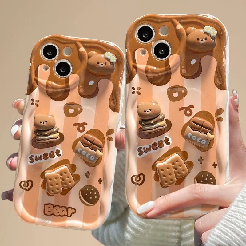 Cream pattern silicone phone case with chocolate bear doll lanyard for Apple iPhone 15 Pro
