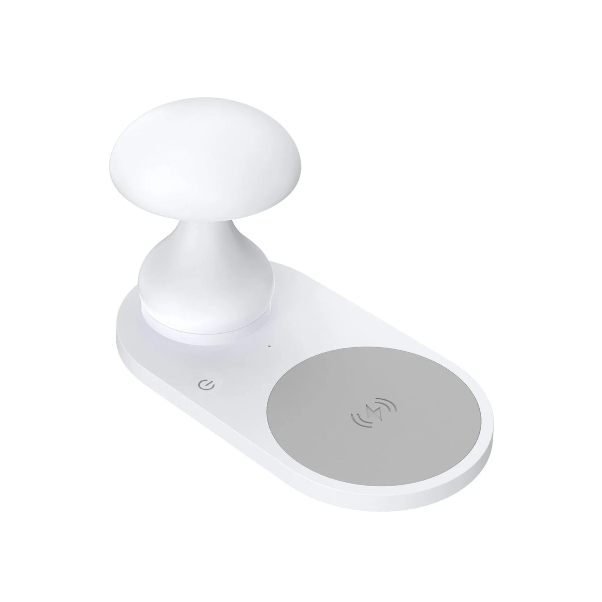 White multifunctional mushroom lamp with 10W wireless phone charger on a desk