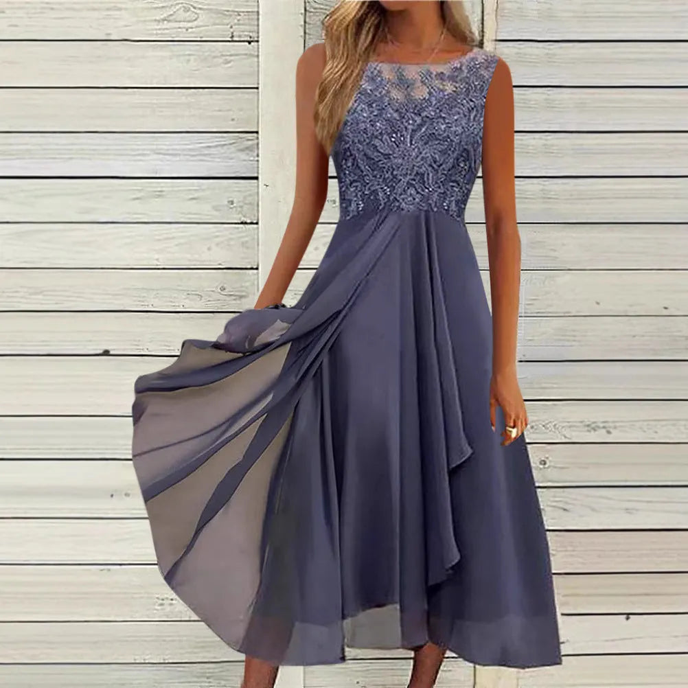 Women's sleeveless chiffon midi dress with lace hollow-out stitching in blue.