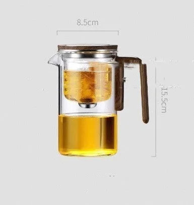 Glass teapot with magnetic tea leaf separator and wooden handle shown in new Chinese style.