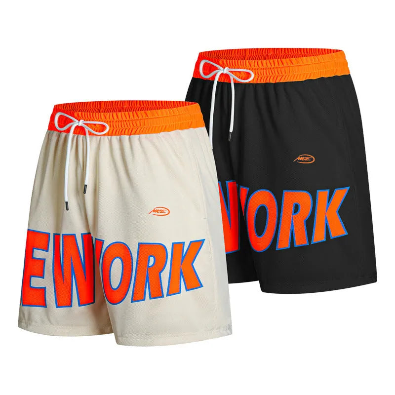 Korean style straight-leg men's shorts with printed letter design in black colour.