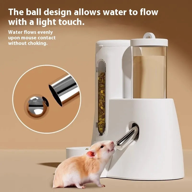 White, blue, and pink hamster automatic water feeder with attached food dish in large and small sizes.
